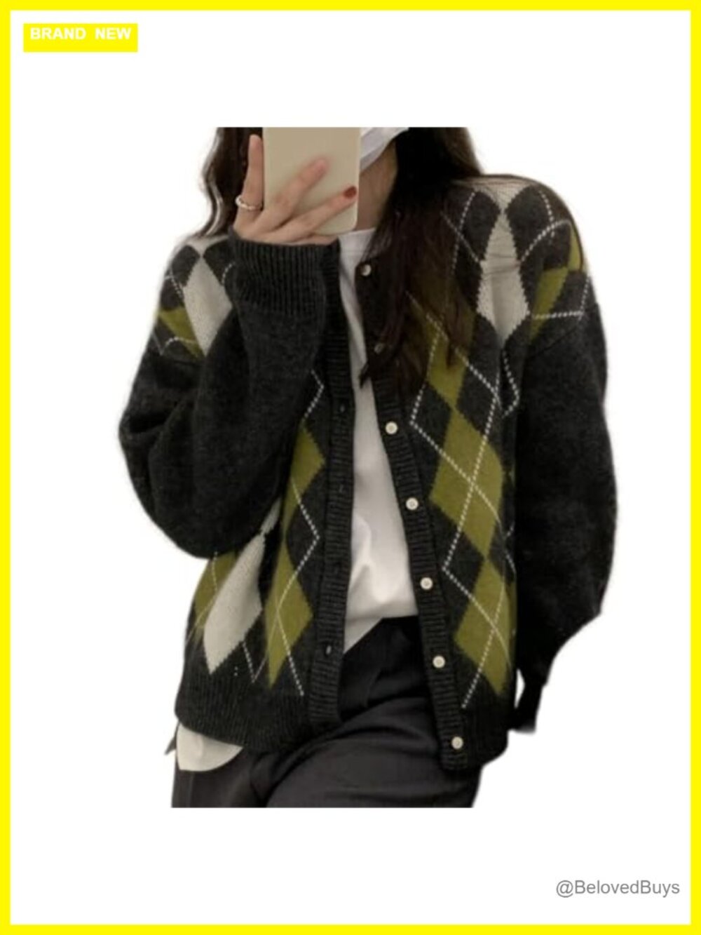 Women V-Neck Button Down Argyle Plaid Chunky Knit Cardigan Sweater